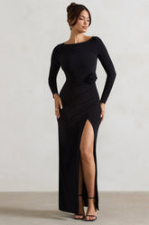 Black Long-Sleeve Wrap Maxi Dress With Corsages